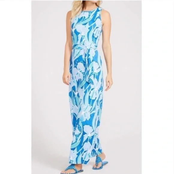 J. McLaughlin Charlene Blue Floral Tie Catalina Cloth Maxi Dress Women’s Ss XL - Picture 1 of 8